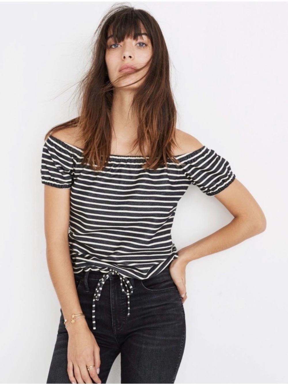 Madewell Striped Melody Off-Shoulder Top Navy White Women’s Size S